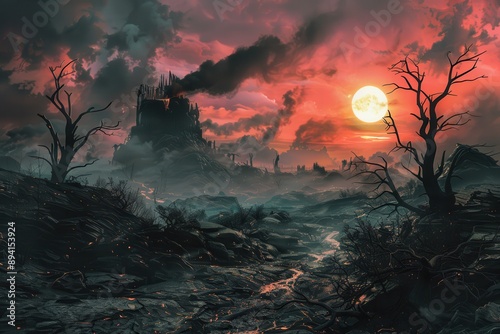 Desolate industrial wasteland with ruined structures under crimson sky