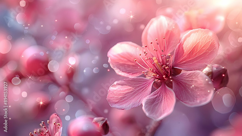 Pink Flower Blossom with Sparkling Bokeh Background Illustration © Siasart Studio