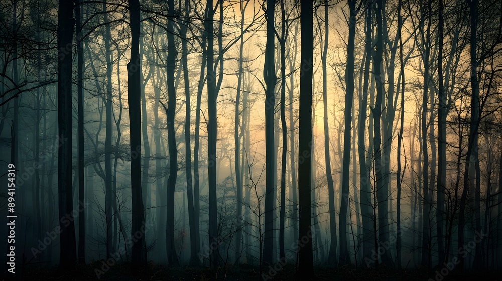 A forest with trees in the background and a misty sky. A forest with trees in the background and a misty sky.