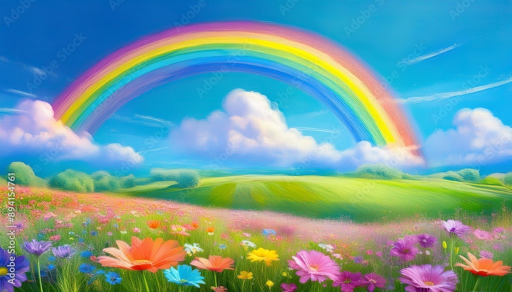 A flower field with a beautiful rainbow in the blue sky A flower field with a beautiful rainbow in the blue sky