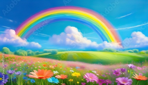 A flower field with a beautiful rainbow in the blue sky
