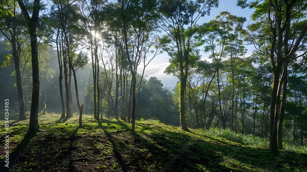 A forest with trees in the background and a misty sky. A forest with trees in the background and a misty sky.