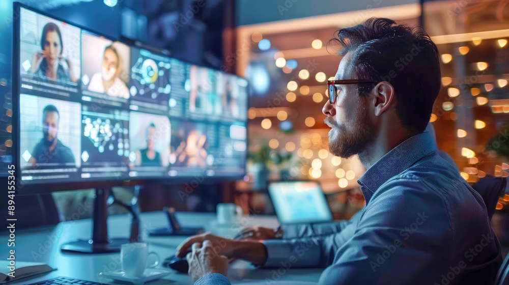 Professional man working in modern office, focusing on multiple screen displays with various data and video conferences in the evening. Professional man working in modern office, focusing on multiple screen displays with various data and video conferences in the evening.