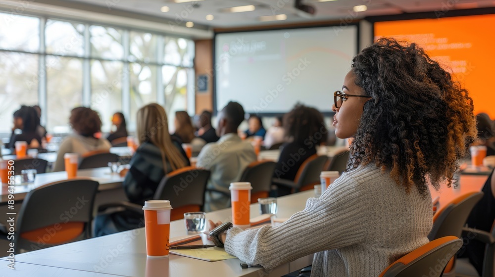 Professional individuals attentively participating in a conference or seminar within a modern, well-lit meeting room setting. Professional individuals attentively participating in a conference or seminar within a modern, well-lit meeting room setting.