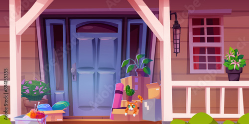 Home moving concept - stuff and cat in cardboard boxes on hut porch with closed entrance door, wooden railing and decorative flowers in pot. Cartoon packages with belongings on terrace of new house.