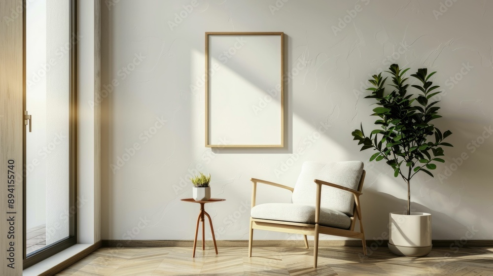 Minimalist living room with a blank wall frame and a single plant Minimalist living room with a blank wall frame and a single plant