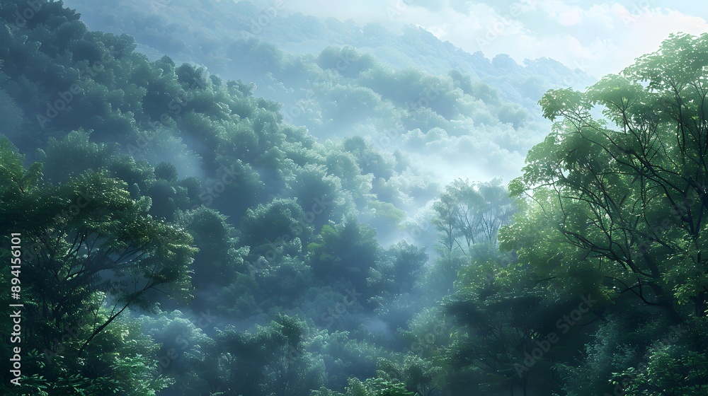 A forest with trees in the background and a misty sky. A forest with trees in the background and a misty sky.