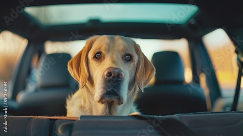 A dog is sitting in the back seat of a car © Nijieimu