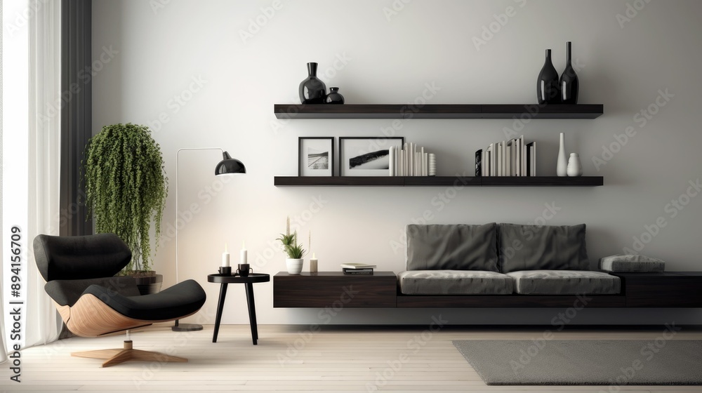 Fototapeta premium Minimalist living room with floating shelves and a single armchair
