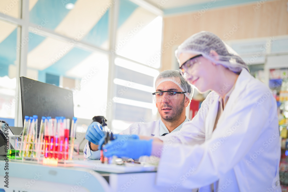 scientists perform experiments and record data. people arranges equipment with test tubes and chemicals for producing medicine and biochemistry. man hold tubes of chemical liquids and plant samples. scientists perform experiments and record data. people arranges equipment with test tubes and chemicals for producing medicine and biochemistry. man hold tubes of chemical liquids and plant samples.