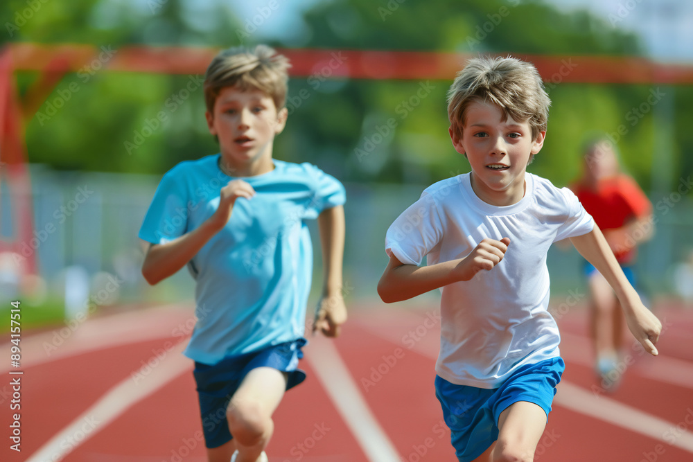 Obraz premium Young boys running on a track during a race, focused and competitive, sunny outdoor sports event