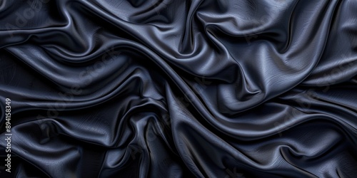 Close-up of luxurious black satin fabric with intricate folds, showcasing its smooth texture and elegant appearance.