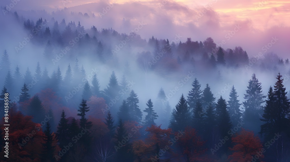 Obraz premium A forest with trees in the background and a misty sky. 