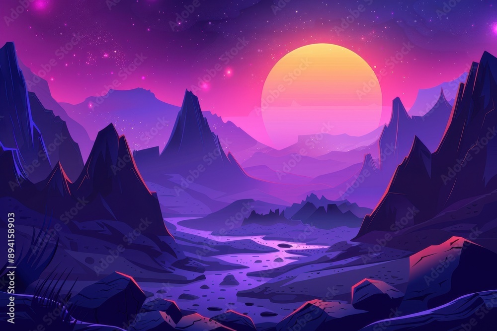 Mystical alien landscape with vibrant colors and a glowing moon Mystical alien landscape with vibrant colors and a glowing moon