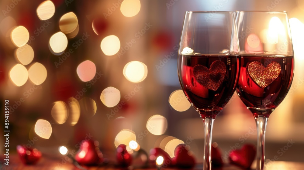 Two wine glasses with heart decorations, sparkling in a bokeh-lit background, perfect for romantic and celebratory occasions. Two wine glasses with heart decorations, sparkling in a bokeh-lit background, perfect for romantic and celebratory occasions.