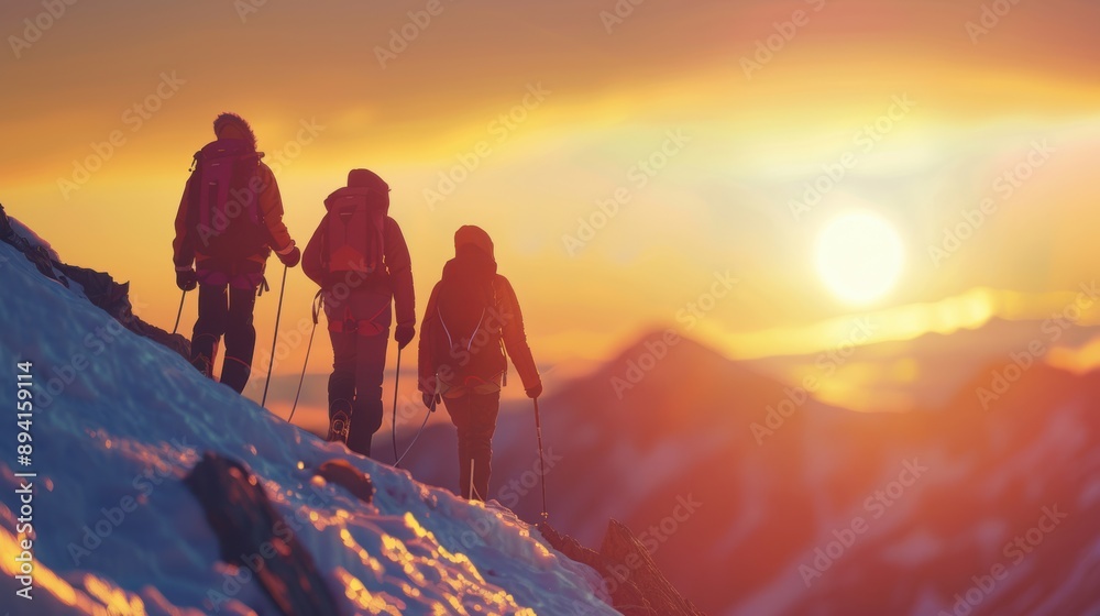 Three hikers with trekking poles climbing a snowy mountain during sunrise, with a breathtaking view of the horizon. Three hikers with trekking poles climbing a snowy mountain during sunrise, with a breathtaking view of the horizon.