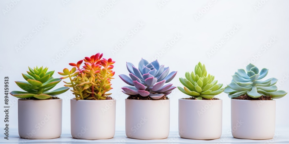A row of five colorful succulents in white pots against a plain background, showcasing minimalistic and modern design. A row of five colorful succulents in white pots against a plain background, showcasing minimalistic and modern design.