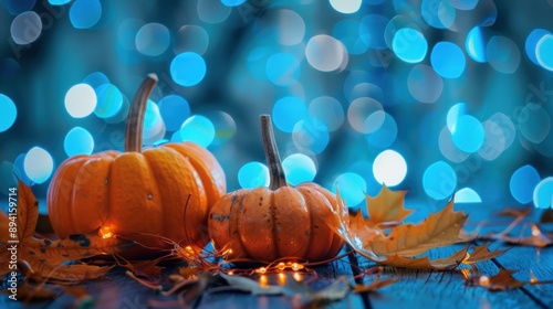 Fototapeta Naklejka Na Ścianę i Meble -  Two small pumpkins on a rustic table with autumn leaves and a blue bokeh background, creating a festive fall atmosphere.