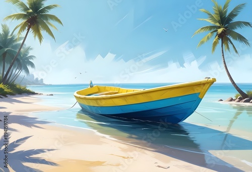 A small yellow boat in the ocean, 