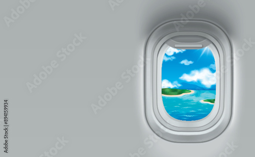 Plane window inside view with island to travel. Aircraft porthole on flight to tropical vacation illustration. Banner frame design with aeroplane illuminator and aerial concept for advertising