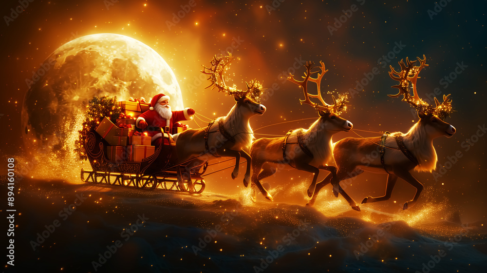 Santa Claus and reindeer running under full moon, Christmas gifts on sleigh. Design for Wall Art, Poster Print, Wallpaper & Background Santa Claus and reindeer running under full moon, Christmas gifts on sleigh. Design for Wall Art, Poster Print, Wallpaper & Background