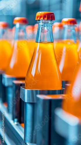 Efficient Bottling Machinery in Beverage Factory Producing Bottled Drinks, Copy Space for Text, Deep Depth of Field