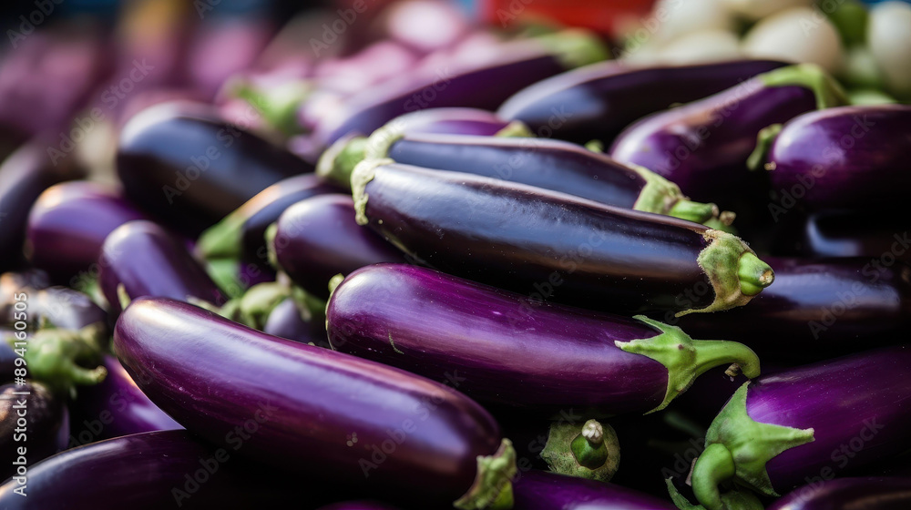 Explore vibrant market stalls adorned with fresh eggplants, their deep purple hues inviting you to create delicious dishes. Explore vibrant market stalls adorned with fresh eggplants, their deep purple hues inviting you to create delicious dishes.