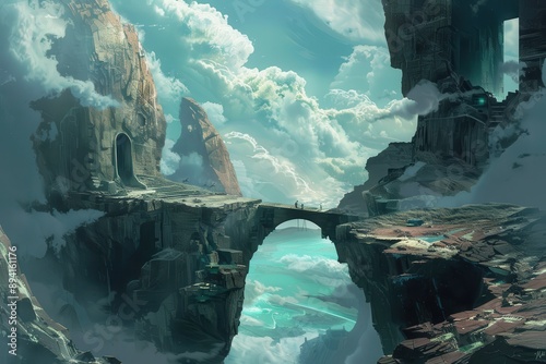 Mystical floating islands with ancient ruins and a bridge in the sky photo