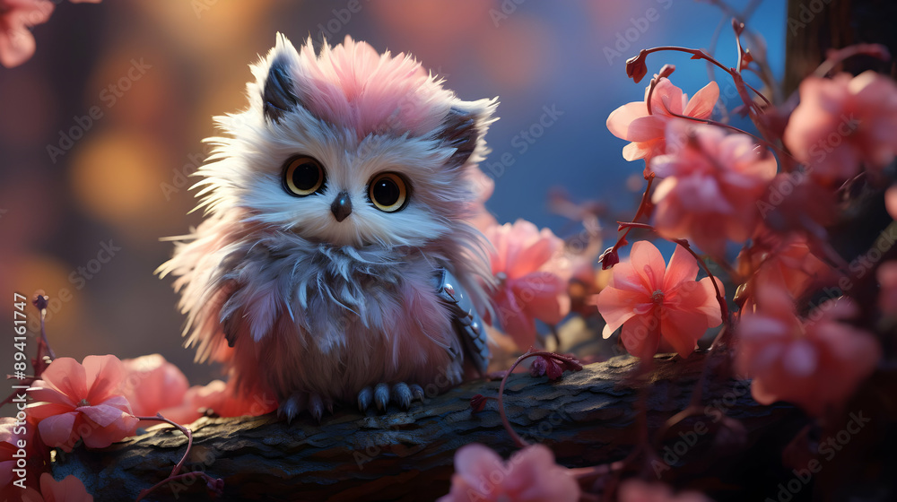 Cute Fluffy Owl Among Pink Flowers Cute Fluffy Owl Among Pink Flowers