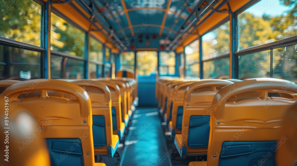 Fototapeta premium Interior of an empty school bus featuring bright yellow seats and large windows, captured in natural light.