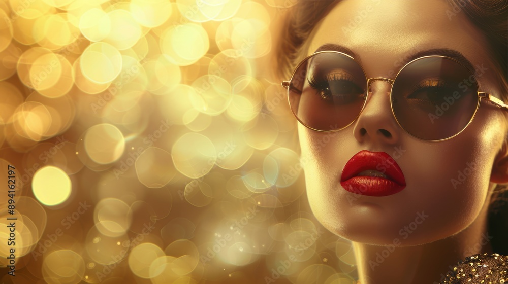 Close-up of a glamorous woman with red lipstick and sunglasses, set against a golden bokeh background, exuding luxury.