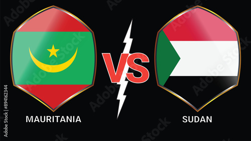 Mauritania vs Sudan Soccer football match with Black Background and Versus Flags