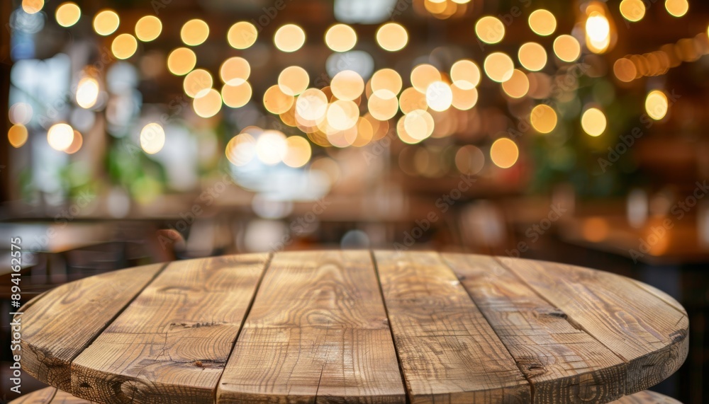 Empty Rustic Wooden Tabletop With Defocused Christmas Lights Cafe Background For Product Display Empty Rustic Wooden Tabletop With Defocused Christmas Lights Cafe Background For Product Display