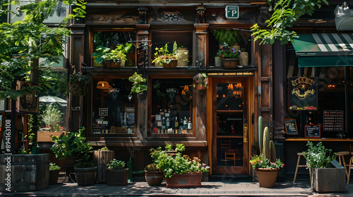 Street-level facade of an Irish pub-style restaurant, adorned with rustic wooden storefronts and lively potted plants