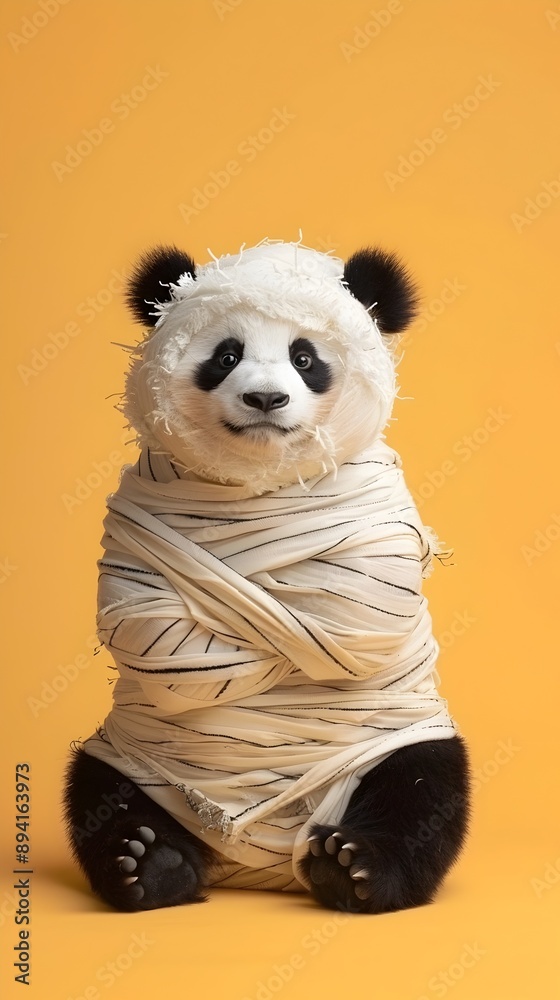 Cute Panda Bear Dressed as Mummy for Halloween on Plain Orange Background Cute Panda Bear Dressed as Mummy for Halloween on Plain Orange Background