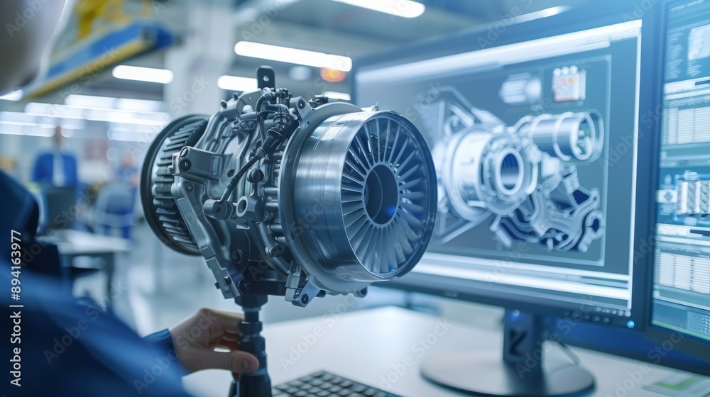 Fototapeta premium An industrial engineer uses CAD software to digitally design mechanical models of engines for manufacturing in factories, visualizing them on a computer screen through 3D rendering.