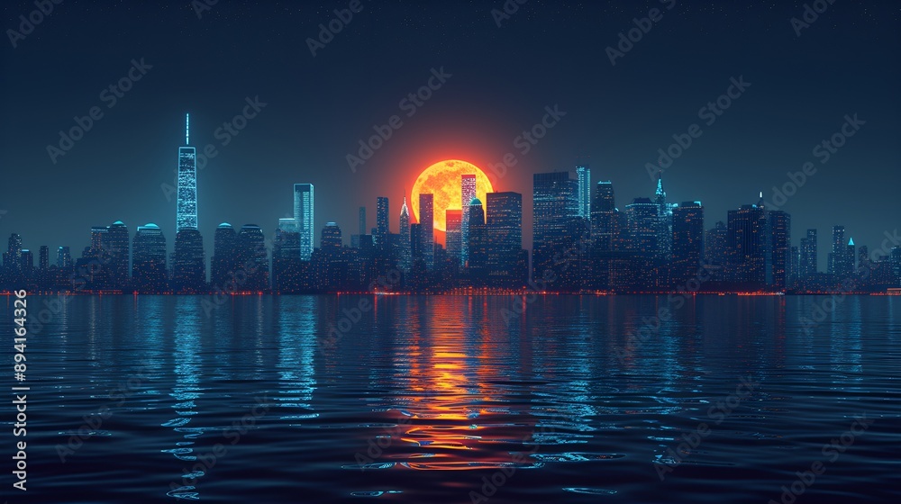 Fototapeta premium Blue neon cityscape - skyline - city lights - night view 