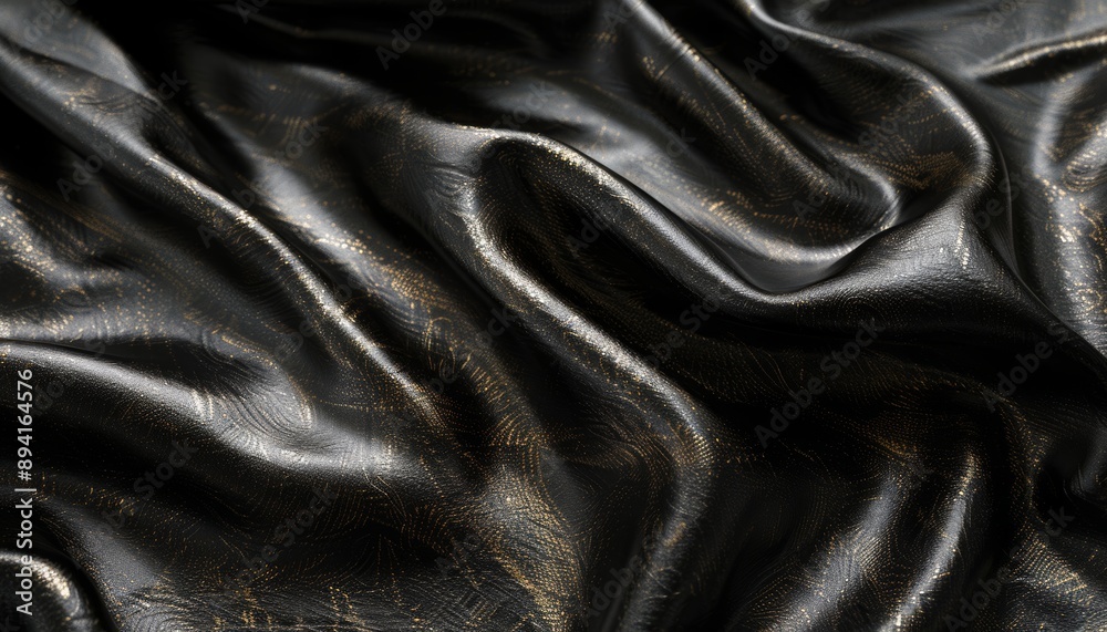 Draped Metallic Dark Charcoal Fabric With Gold Sheen. Charcoal Metallic Fabric. Abstract Background.