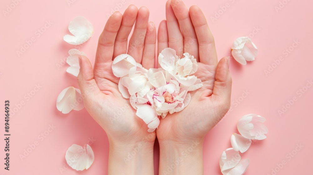 Delicate Peony Petals Held in Open Hands Delicate Peony Petals Held in Open Hands