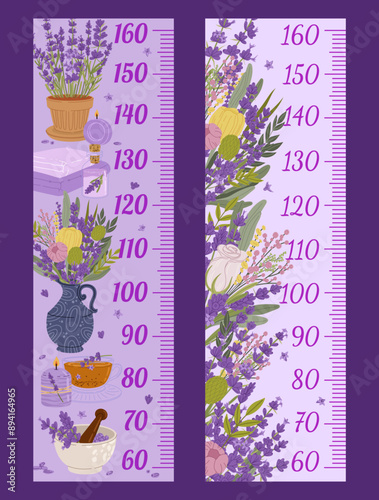 Height chart ruler with lavender flowers, aromatic candles, towels, mortar on purple background. Vector measurement growth scale, meter for kids with scale, wildflowers and spa salon items