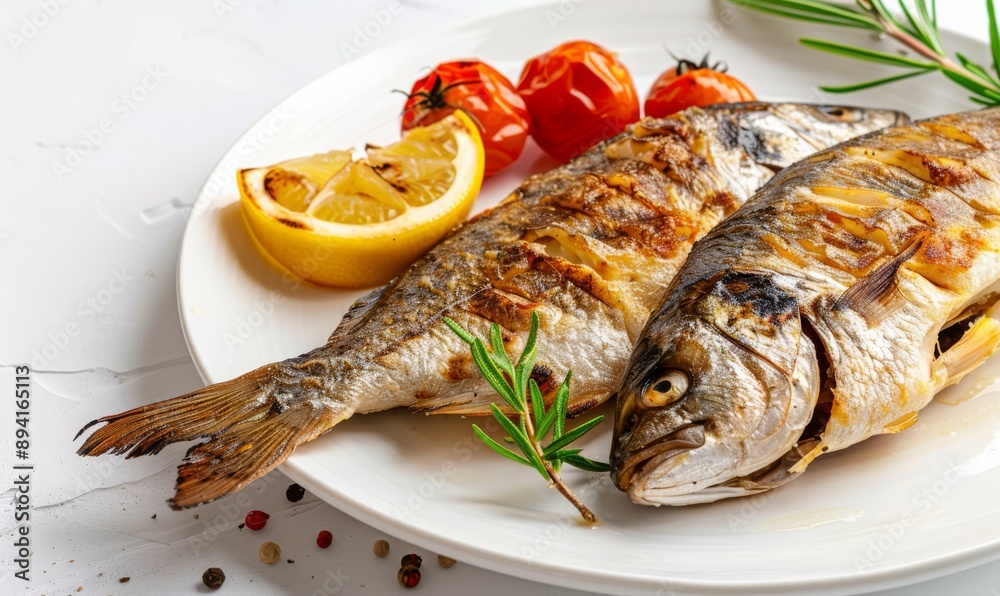 Grilled fish with vegetables on light background, delicious and healthy food concept Grilled fish with vegetables on light background, delicious and healthy food concept