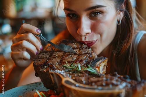 Fototapeta Naklejka Na Ścianę i Meble -  女性がステーキ肉を豪快に味わう瞬間。美食の楽しみ: