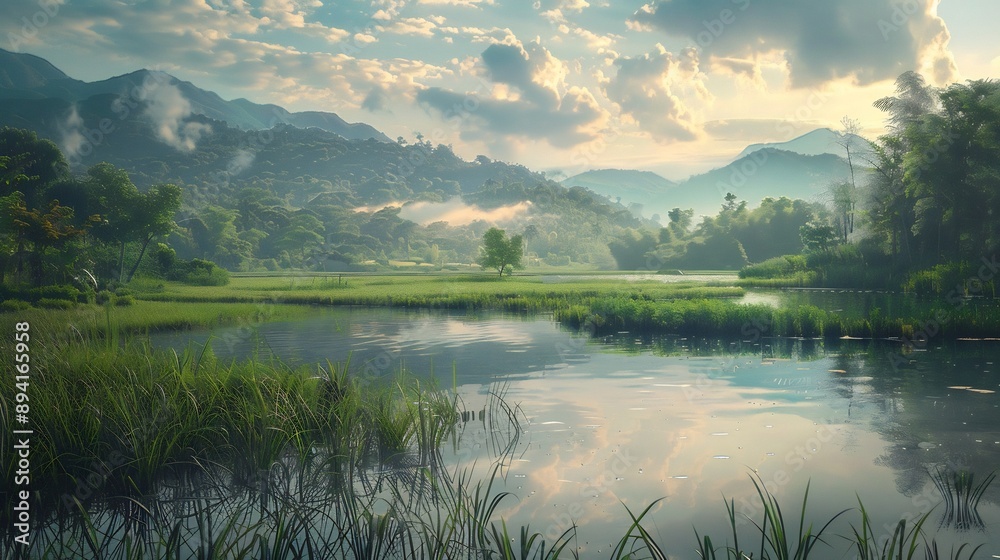 Fototapeta premium Serene Landscape with Foggy Mountains and a Tranquil Lake