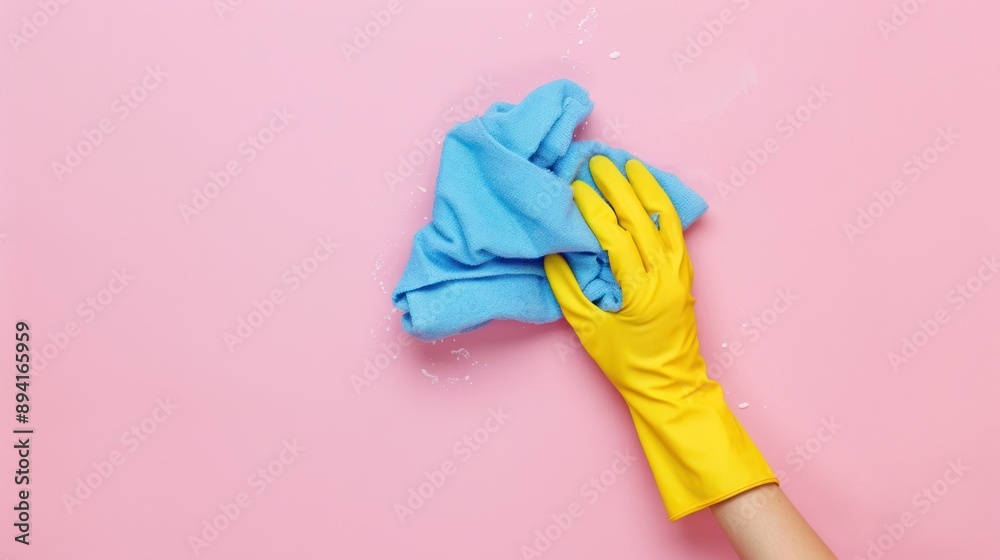 Cleaning with a blue microfiber cloth and yellow gloves Cleaning with a blue microfiber cloth and yellow gloves