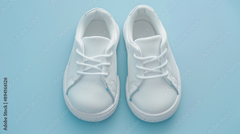 White Baby Shoes on a Blue Background White Baby Shoes on a Blue Background