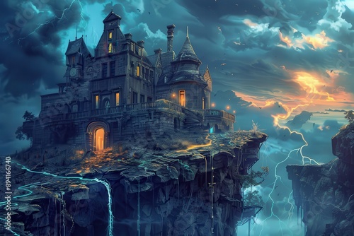 Mysterious mansion on a stormy cliff with glowing doorway