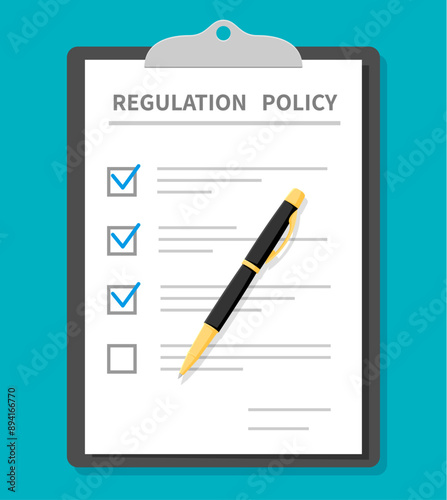 Regulation policy guideline document with law compliance and legal rules, vector icon, Regulation policy document with check mark ticks and pen, corporate guideline and business agreement checklist