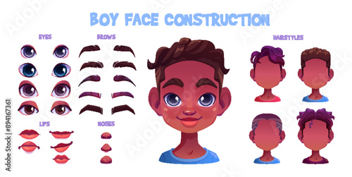 African boy face construction set isolated on white background. Vector cartoon illustration of male teenager avatar kit, young guy head, color eyes, eyebrows, lips, noses, hairstyles, emotions on lips