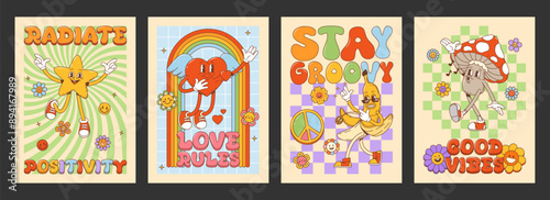 Groovy posters with retro cartoon characters and positive messages. Vector vintage cards with star, winged heart, dancing banana, amanita mushroom promoting positivity, love, grooviness and good vibes