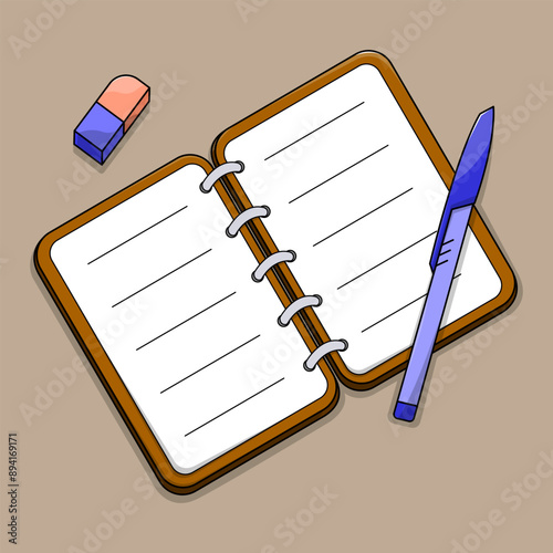 Top view resort notebook illustration with pen and eraser for writing.